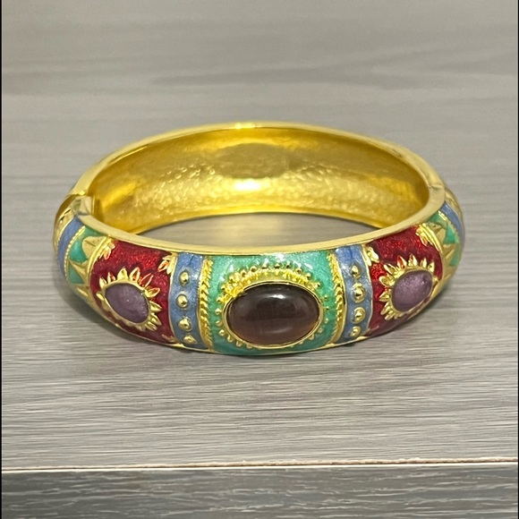 New Gold and Enamel Hinged Bangle Bracelet with Boho Design and Gemstones - Picture 2 of 6